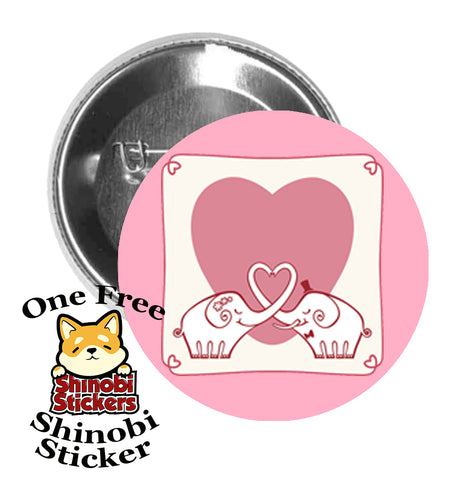 Round Pinback Button Pin Brooch Sweet Elephant Newlywed Bride and Groom Heart Love Cartoon Icon Pink