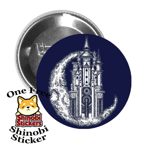 Round Pinback Button Pin Brooch Sweet Fairytale Castle on Crescent Moon Cartoon Art Blue