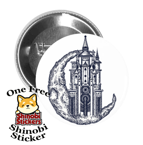 Round Pinback Button Pin Brooch Sweet Fairytale Castle on Crescent Moon Cartoon Art