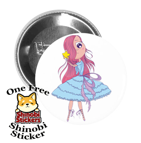 Round Pinback Button Pin Brooch Sweet Girly Pink Hair Ballerina with Star Cartoon