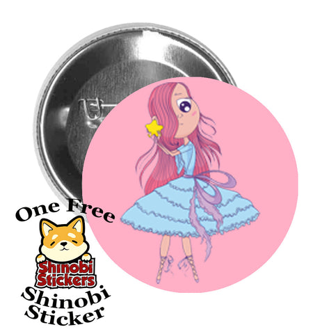 Round Pinback Button Pin Brooch Sweet Girly Pink Hair Ballerina with Star Cartoon Pink