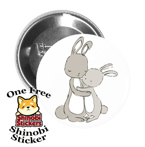 Round Pinback Button Pin Brooch Sweet Gray Mom and Baby Bunny Rabbit Cartoon