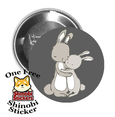 Round Pinback Button Pin Brooch Sweet Gray Mom and Baby Bunny Rabbit Cartoon Grey