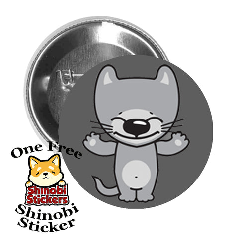 Round Pinback Button Pin Brooch Sweet Happy Kitty Cat Cartoon Emoji - Gray Cat Hands Out Grey