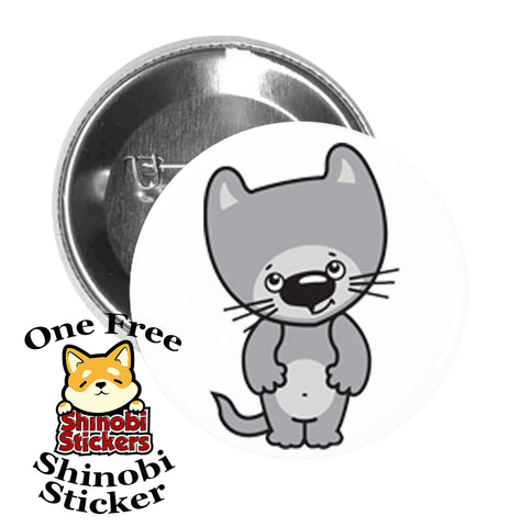 Round Pinback Button Pin Brooch Sweet Happy Kitty Cat Cartoon Emoji - Gray Cat Head Tilt