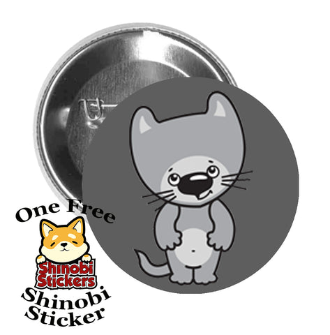 Round Pinback Button Pin Brooch Sweet Happy Kitty Cat Cartoon Emoji - Gray Cat Head Tilt