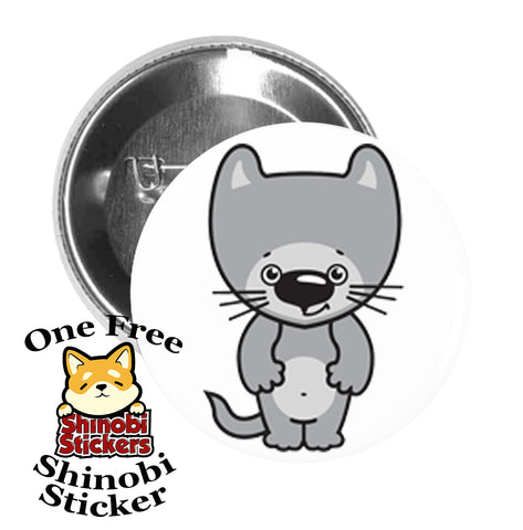 Round Pinback Button Pin Brooch Sweet Happy Kitty Cat Cartoon Emoji - Gray Cat Smirk