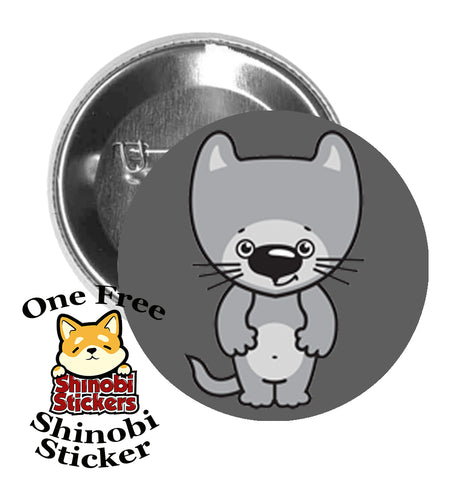 Round Pinback Button Pin Brooch Sweet Happy Kitty Cat Cartoon Emoji - Gray Cat Smirk Grey
