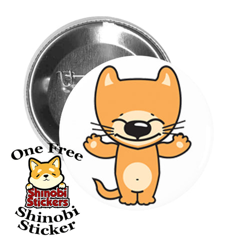 Round Pinback Button Pin Brooch Sweet Happy Kitty Cat Cartoon Emoji - Orange Cat Hands Out