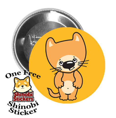 Round Pinback Button Pin Brooch Sweet Happy Kitty Cat Cartoon Emoji - Orange Cat Head Tilt Gold