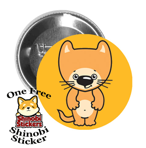 Round Pinback Button Pin Brooch Sweet Happy Kitty Cat Cartoon Emoji - Orange Cat Smirk Gold