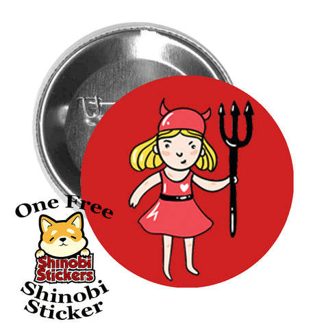 Round Pinback Button Pin Brooch Sweet Happy Little Girl in Halloween Costume Red Devil - Red