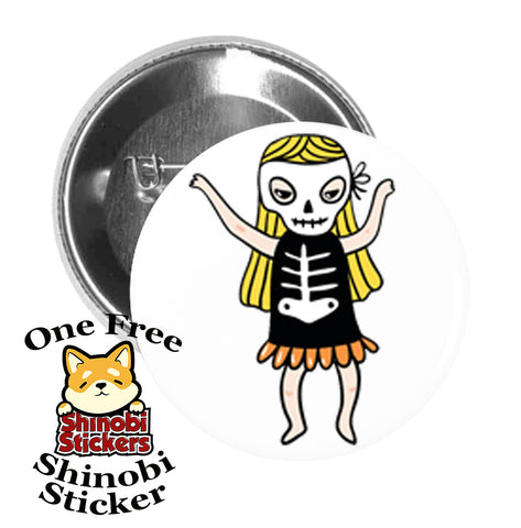 Round Pinback Button Pin Brooch Sweet Happy Little Girl in Halloween Costume Skeleton