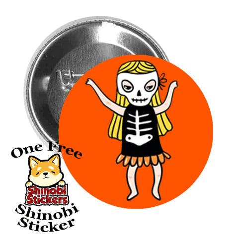 Round Pinback Button Pin Brooch Sweet Happy Little Girl in Halloween Costume Skeleton - Orange
