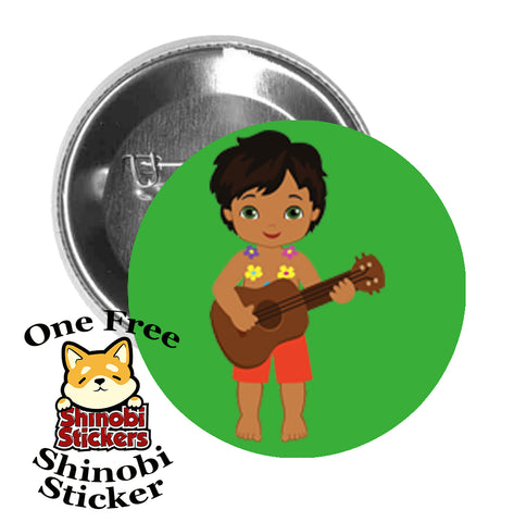 Round Pinback Button Pin Brooch Sweet Hawaiian Polynesian Island Kid Cartoon - Boy Green