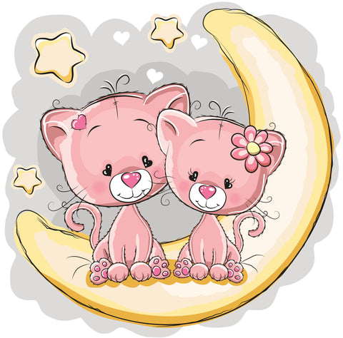 Sweet Pink Kitty Cat Pair on Moon Vinyl Decal Sticker