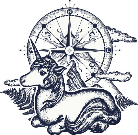 Sweet Resting Unicorn with Nature Compass Cartoon Art Vinyl Decal Sticker