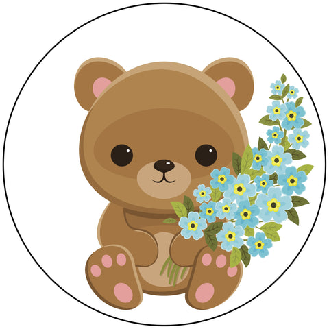 Sweet Teddy Bear with Bouquet of Blue Flowers Vinyl Decal Sticker