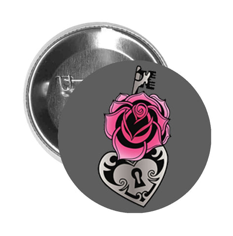 Round Pinback Button Pin Brooch TATTOO ART ROSE KEY AND HEART LOCK PINK GREY BLACK - Grey