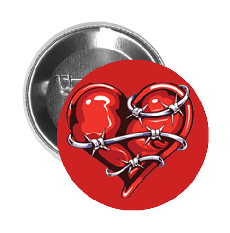 Round Pinback Button Pin Brooch TATTOO STYLE BARBED WIRE HEART RED GREY BLACK WHITE - Red