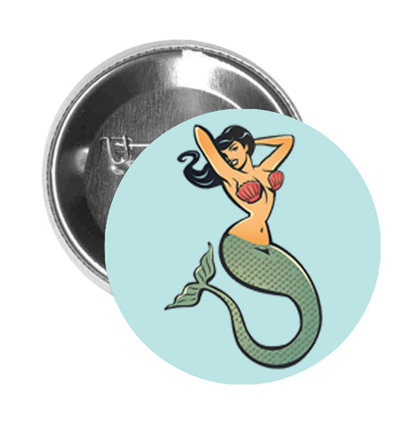 Round Pinback Button Pin Brooch TATTOO STYLE BEAUTIFUL MERMAID WITH BLACK HAIR SHELL FIN NUDE CREAM PINK GREEN BLACK - Teal