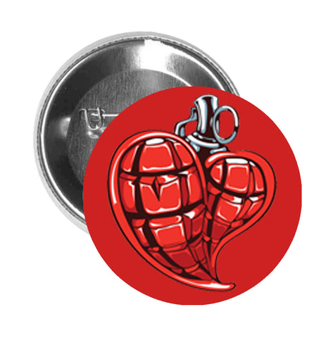 Round Pinback Button Pin Brooch TATTOO STYLE GRENADE HEART WITH PIN RED GREY BLACK WHITE - Red