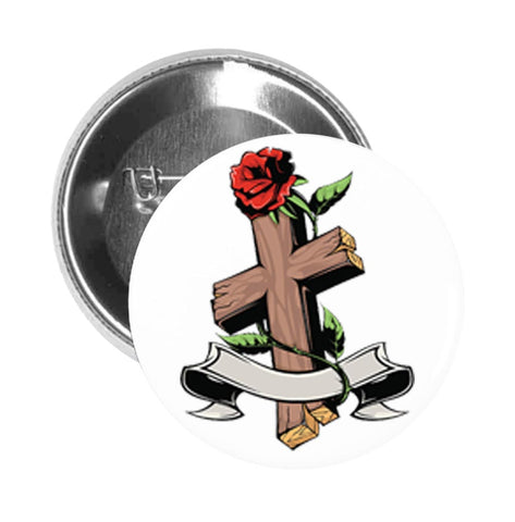 Round Pinback Button Pin Brooch TATTOO STYLE WOODEN CROSS WITH ROSE BANNER BROWN RED GREEN GREY BLACK