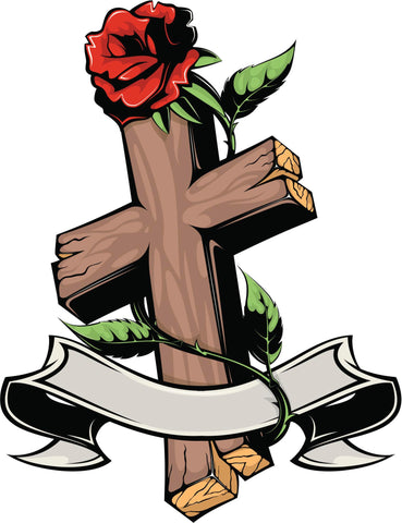 TATTOO STYLE WOODEN CROSS WITH ROSE BANNER BROWN RED GREEN GREY BLACK Vinyl Decal Sticker