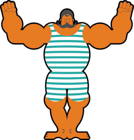 Tan Muscular Mustache Man in Vintage Swimsuit Cartoon Vinyl Decal Sticker
