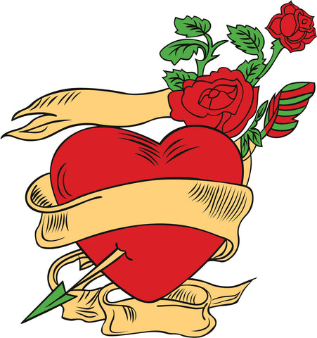 Tattoo Red Heart with Arrow Banner and Roses Vinyl Decal Sticker