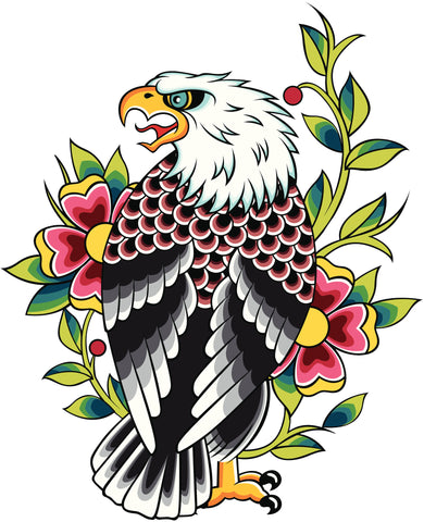 Tattoo Style Eagle with Flowers and Leaves Vinyl Decal Sticker