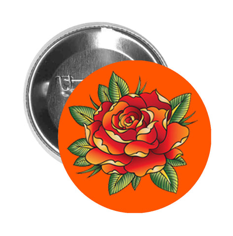 Round Pinback Button Pin Brooch Tattoo Style Red Rose Flower 5 - Orange