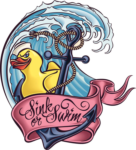 Tattoo Style Sink or Swim Duck Wave Anchor Cartoon Art Vinyl Decal Sticker