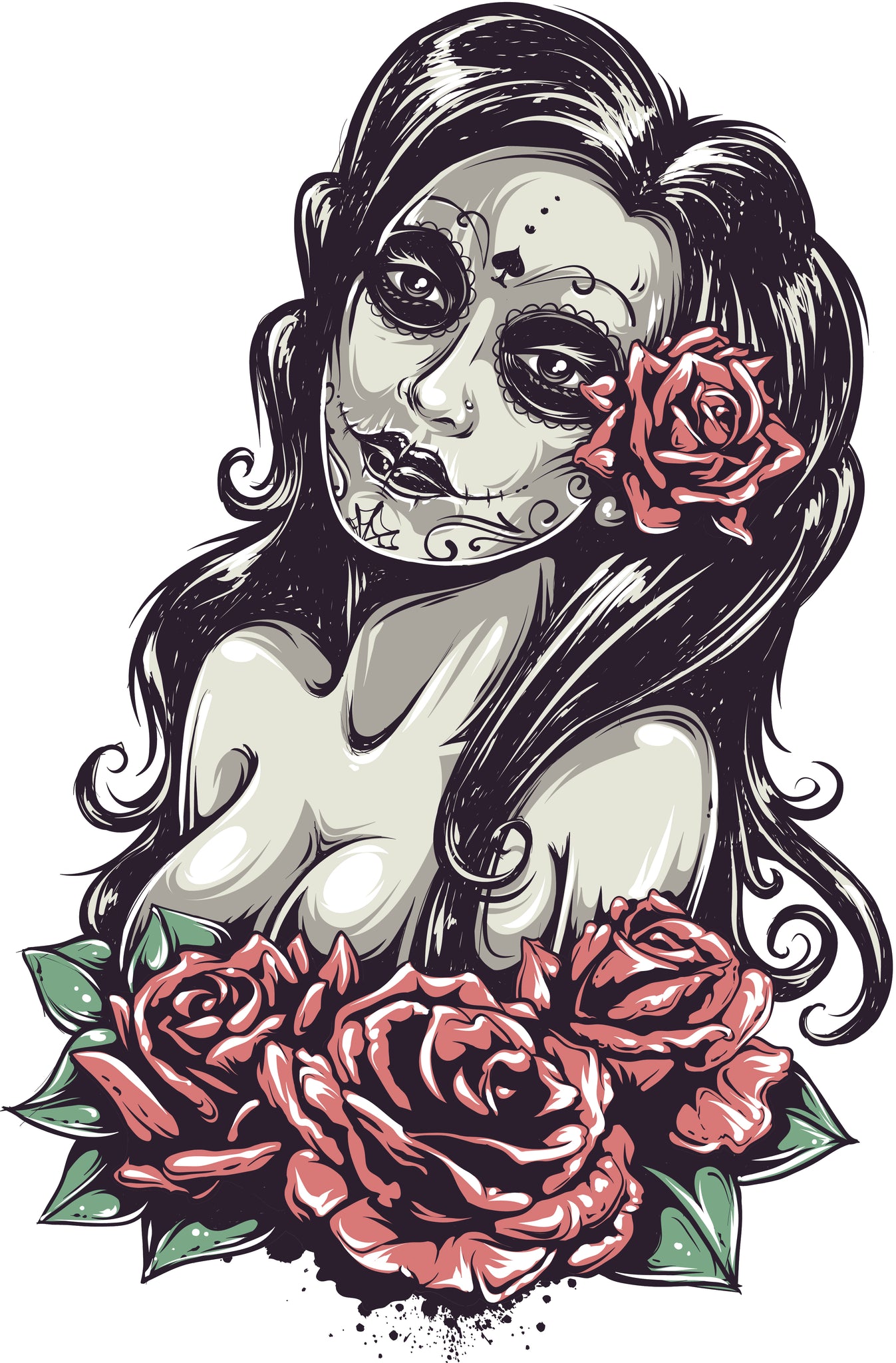 Topless Dia De Los Muertos Lady with Roses Vinyl Decal Sticker