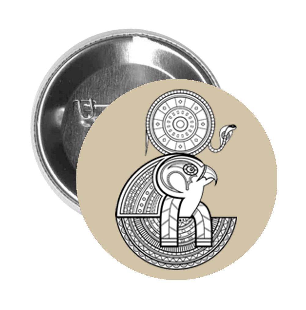 Round Pinback Button Pin Brooch Tribal Pattern Egyptian Falcon God Horus - Beige