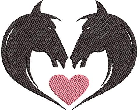Iron on / Sew On Patch Applique Twin Horse Heads in Heart Shape Embroidered Design