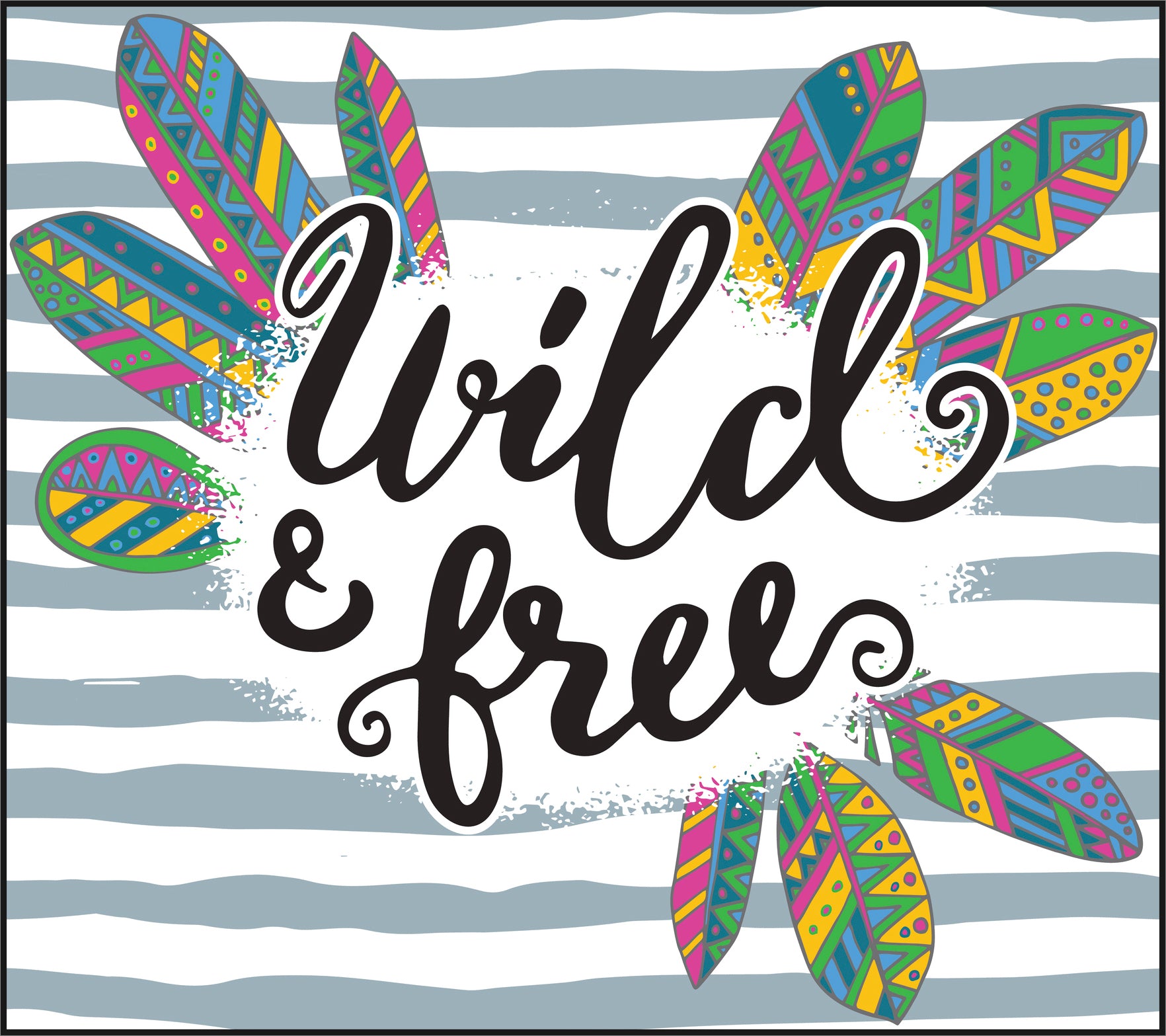 Wild and Frere Calligraphy with Rainbow Tribal Feathers and Stripes Icon Vinyl Decal Sticker