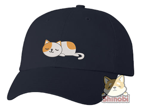 Unisex Adult Washed Dad Hat Cute Sleepy Lazy Spotted Kitty Cat Cartoon - Cat Embroidery Sketch Design