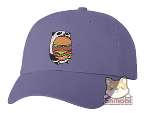Unisex Adult Washed Dad Hat Happy Cute Hungry Panda Eating Hamburger Patty Embroidery Sketch Design