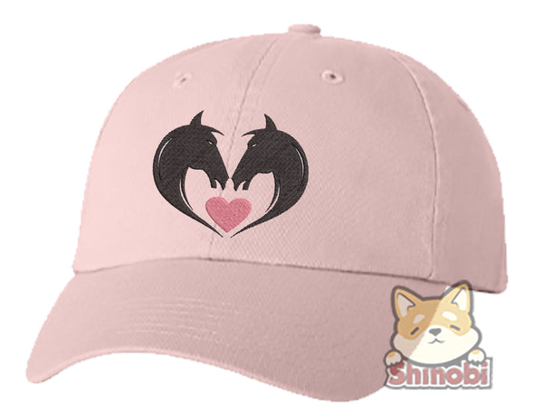 Unisex Adult Washed Dad Hat Twin Horse Heads in Heart Shape Embroidery Sketch Design