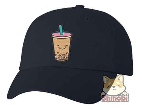 Unisex Adult Washed Dad Hat Cute Paper Cut Out Kawaii Foodie Sweets Cartoon Emoji - Milk Tea Boba Embroidery Sketch Design