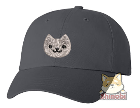 Unisex Adult Washed Dad Hat Cute Gray Kitty Cat Face Emoji - Smiley Embroidery Sketch Design