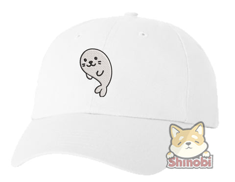 Unisex Adult Washed Dad Hat Cute Playful White Baby Seal Cartoon Emoji #5 Embroidery Sketch Design