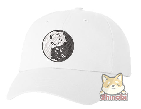 Unisex Adult Washed Dad Hat Cute Girly Kitty Cat Lover Valentine Cartoon Icon - Yin Yang Paws Icon Embroidery Sketch Design
