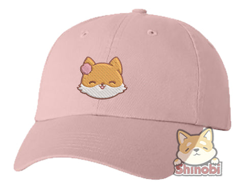 Unisex Adult Washed Dad Hat Adorable Kawaii Fox Emoji Cartoon #1 - Girly Embroidery Sketch Design