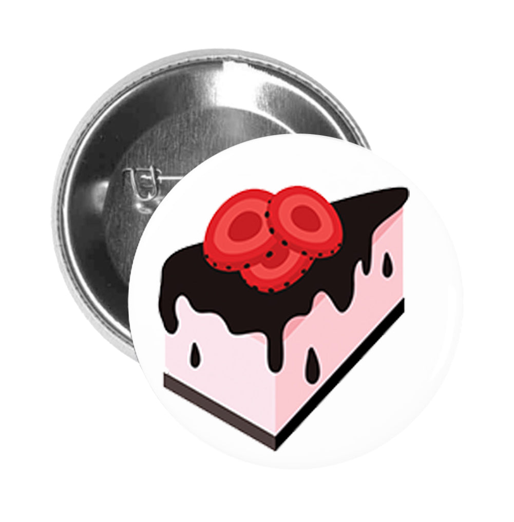 Round Pinback Button Pin Brooch Yummy Pink Cake with Chocolate Frosting and Strawberries