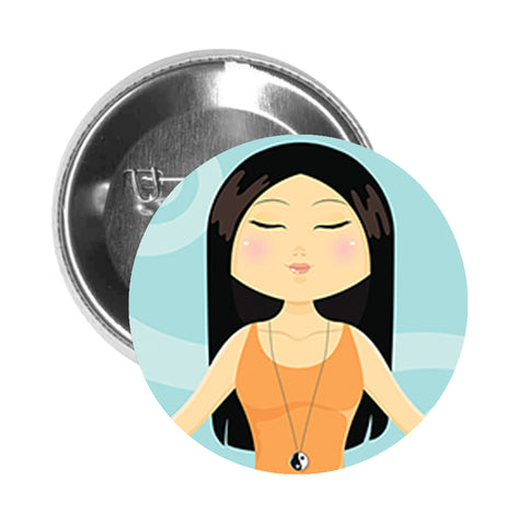 Round Pinback Button Pin Brooch Zen Tranquil Meditate Yoga Pose Cartoon - Zoom