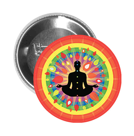 Round Pinback Button Pin Brooch Zen Yoga Yogi with Rainbow Chakras Cartoon Icon