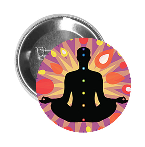 Round Pinback Button Pin Brooch Zen Yoga Yogi with Rainbow Chakras Cartoon Icon - Zoom