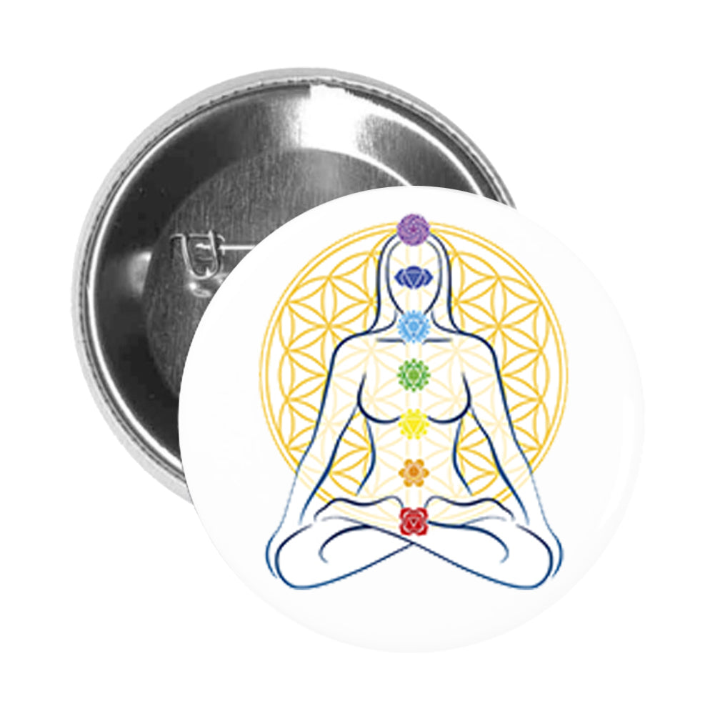 Round Pinback Button Pin Brooch Zen Chakra Spa Relaxation Meditation Cartoon Symbol - Female